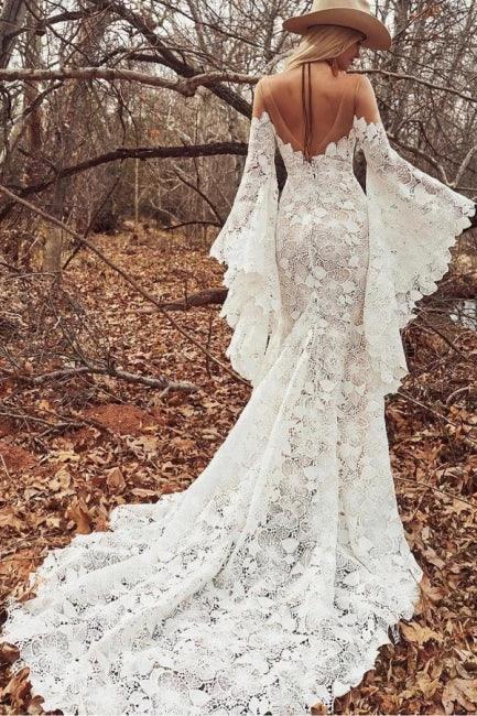 Unique Sweetheart Long-Sleeve Mermaid Floor-Length Lace Wedding Dresses with Chapel Train - Image 2