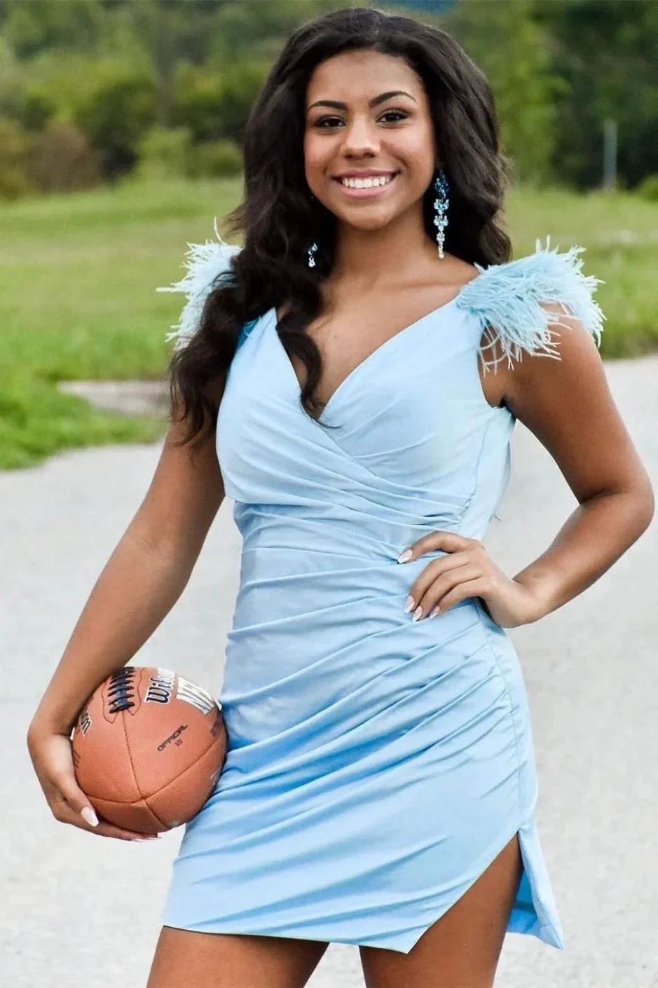Sheath Pleated Jersey Homecoming Dress with Feathers - Image 6