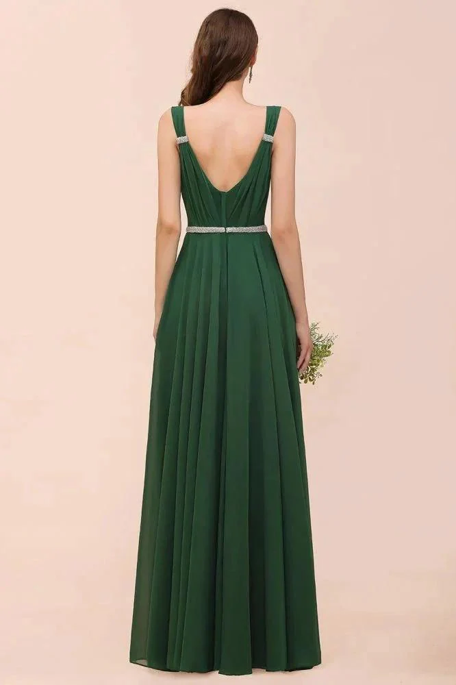 V-Neck A-line Dark Green Bridesmaid Dress Rhinestone Waist Belt - Image 2