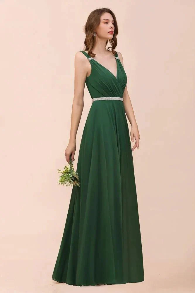 V-Neck A-line Dark Green Bridesmaid Dress Rhinestone Waist Belt - Image 3