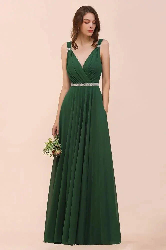 V-Neck A-line Dark Green Bridesmaid Dress Rhinestone Waist Belt - Image 4