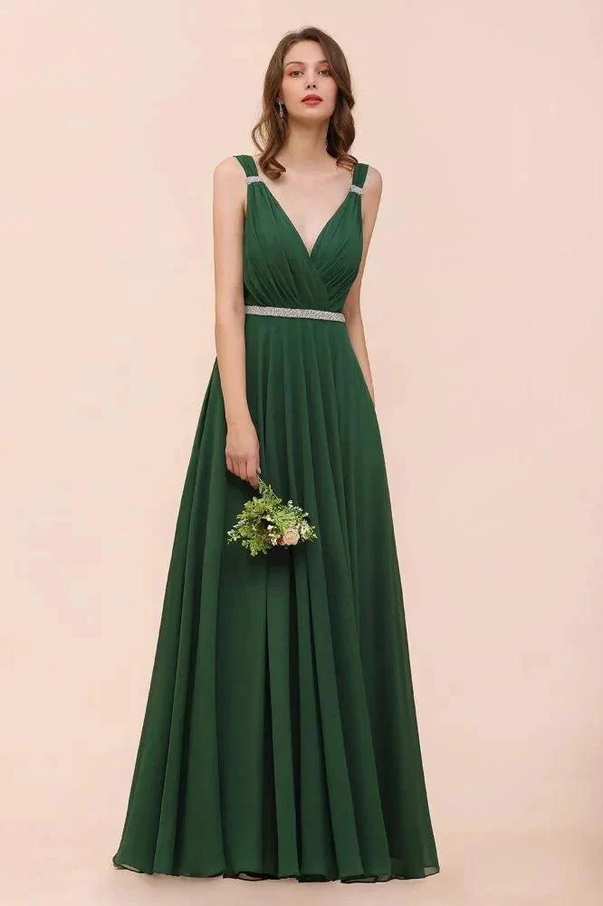 V-Neck A-line Dark Green Bridesmaid Dress Rhinestone Waist Belt - Image 5