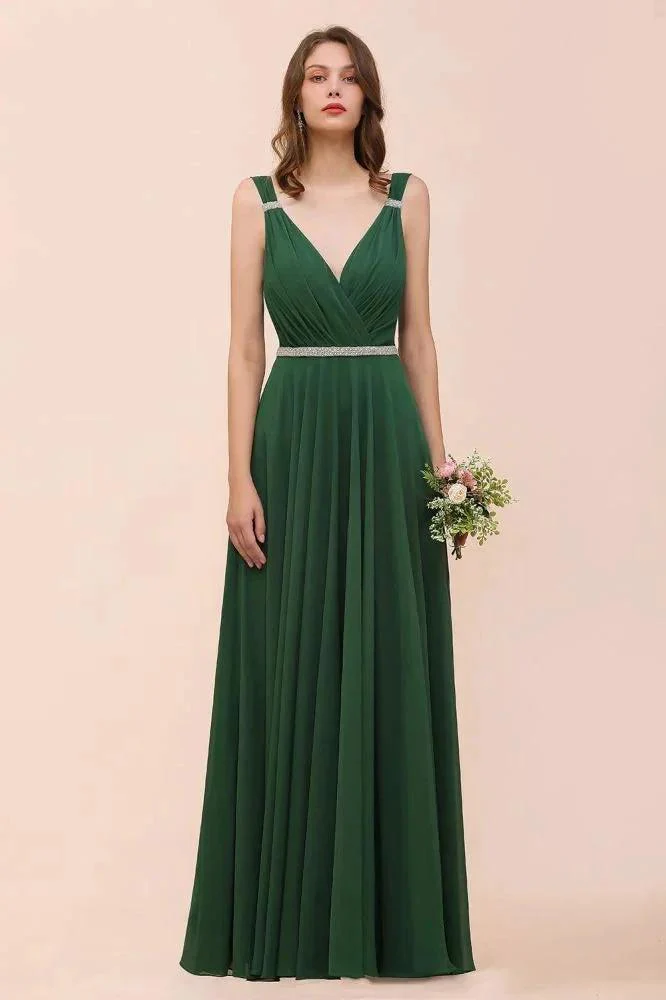 V-Neck A-line Dark Green Bridesmaid Dress Rhinestone Waist Belt - Image 6