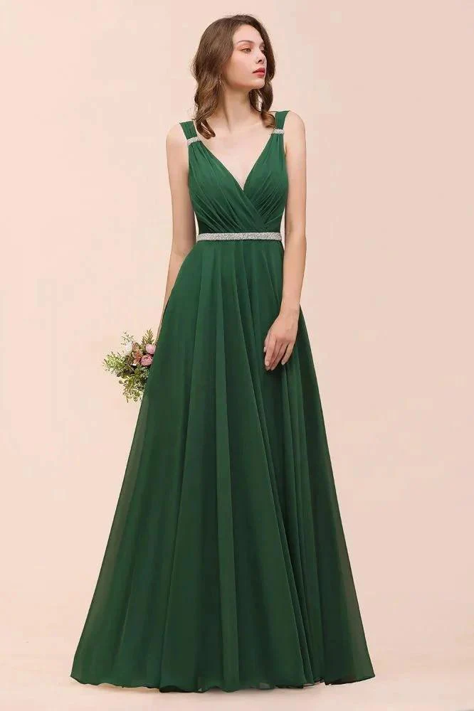 V-Neck A-line Dark Green Bridesmaid Dress Rhinestone Waist Belt - Image 7