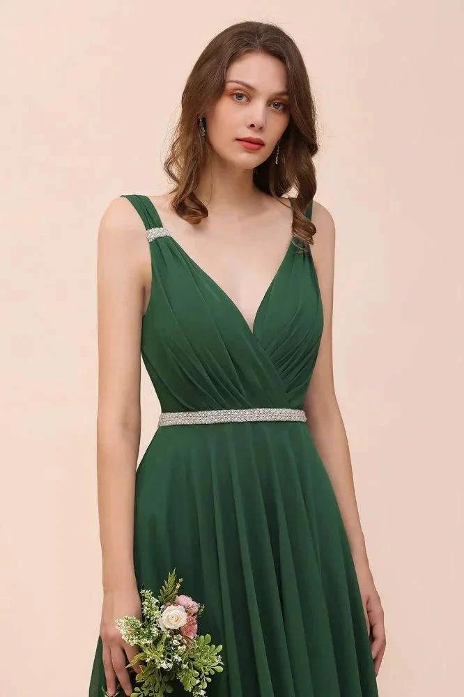 V-Neck A-line Dark Green Bridesmaid Dress Rhinestone Waist Belt - Image 8