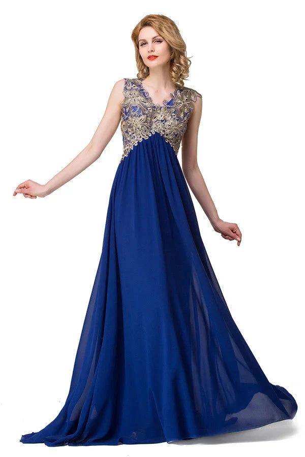 V-neck A-line Sweep-length Appliques Formal Dresses - Image 3
