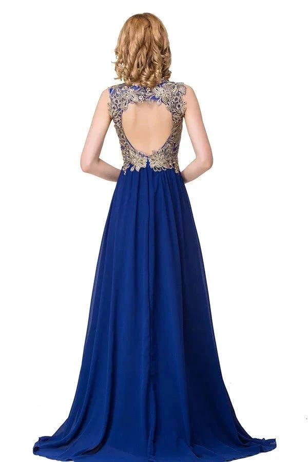 V-neck A-line Sweep-length Appliques Formal Dresses - Image 4