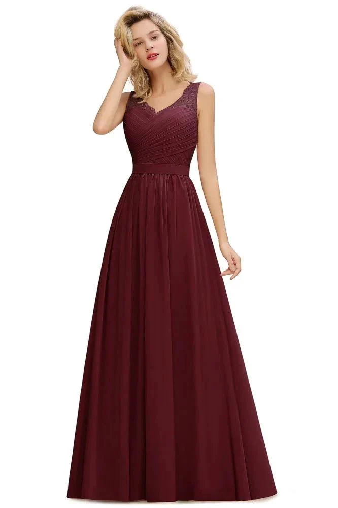 V-Neck Aline Ruffle Chiffon Bridesmaid Dress Sleeveless Floral Evening Swing Dress - Image 4