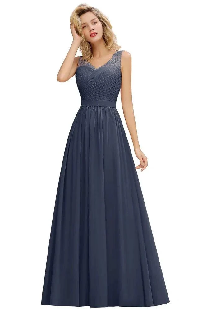 V-Neck Aline Ruffle Chiffon Bridesmaid Dress Sleeveless Floral Evening Swing Dress - Image 6