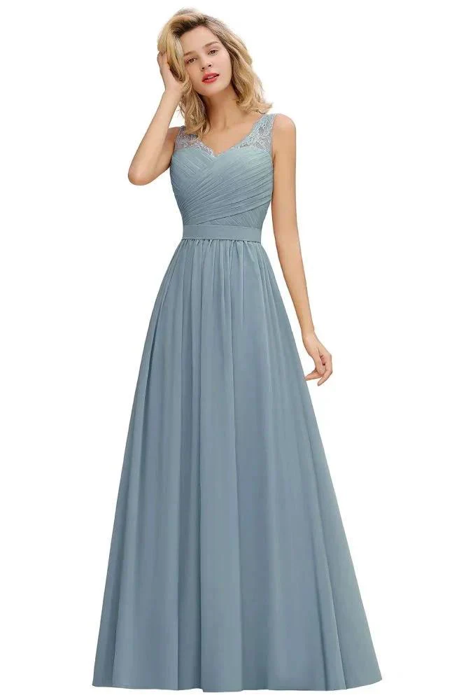 V-Neck Aline Ruffle Chiffon Bridesmaid Dress Sleeveless Floral Evening Swing Dress - Image 7
