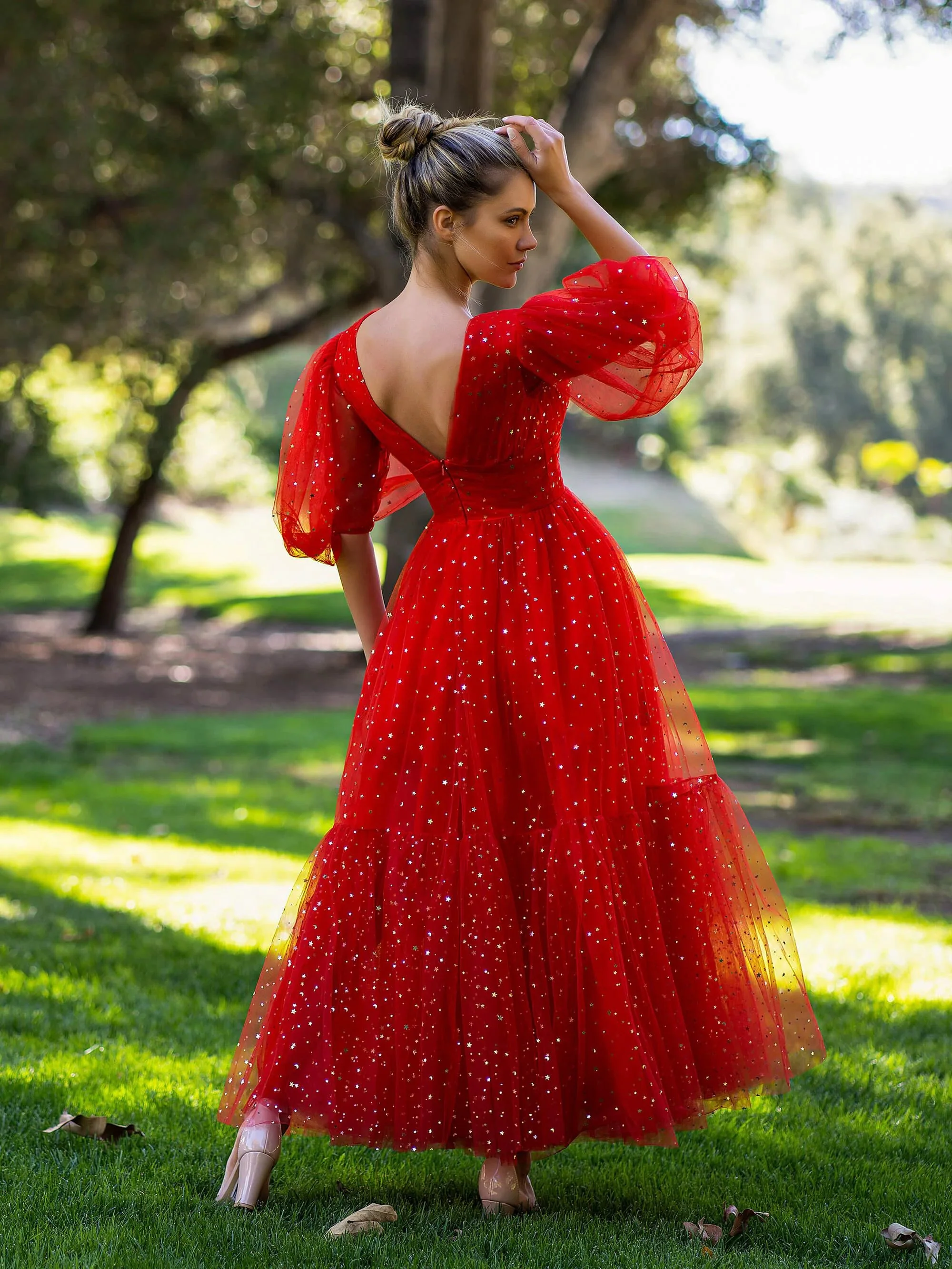 V-neck Glitter Tea Length Tulle Prom Dress - Image 2
