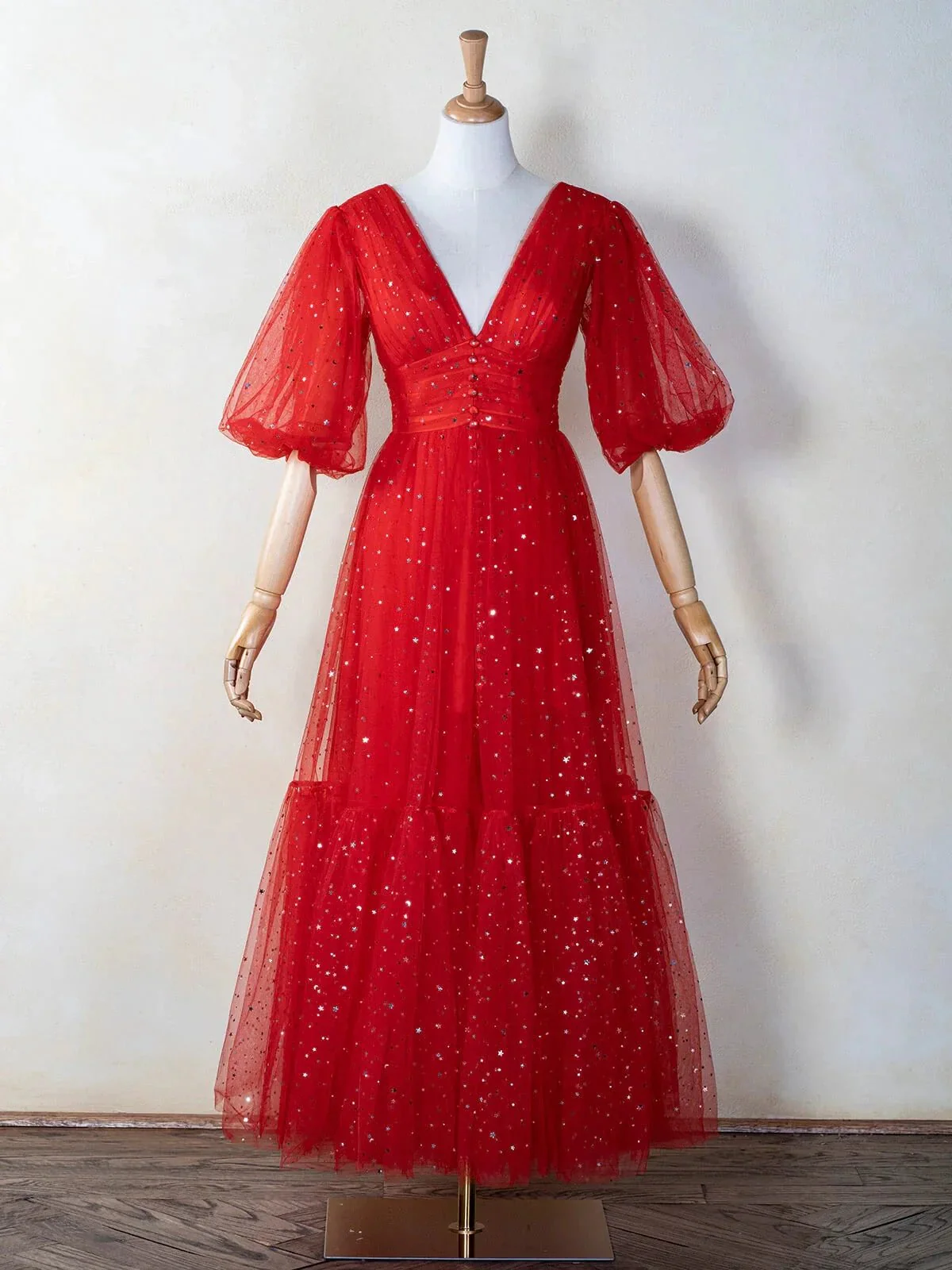 V-neck Glitter Tea Length Tulle Prom Dress - Image 3