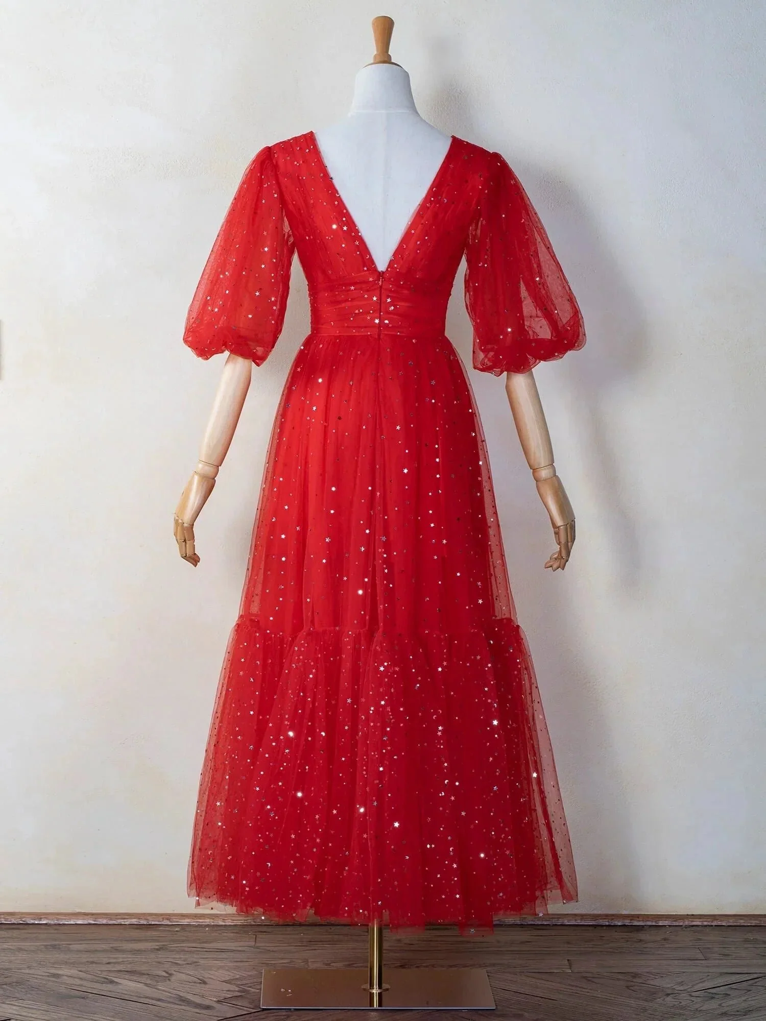 V-neck Glitter Tea Length Tulle Prom Dress - Image 4