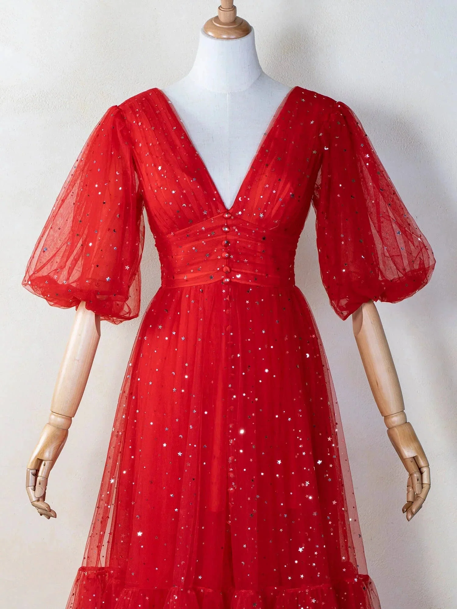 V-neck Glitter Tea Length Tulle Prom Dress - Image 5