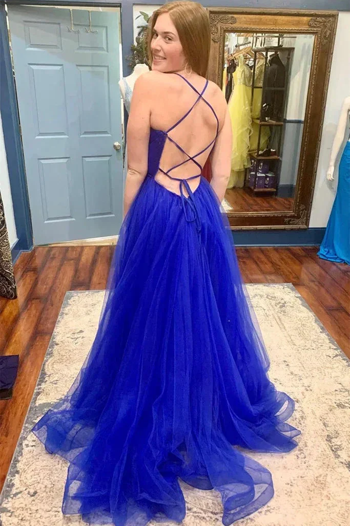 V Neck Backless Blue Tulle Long Prom Dress with High Slit, Backless Blue Formal Graduation Evening Dress Y218 - Image 2