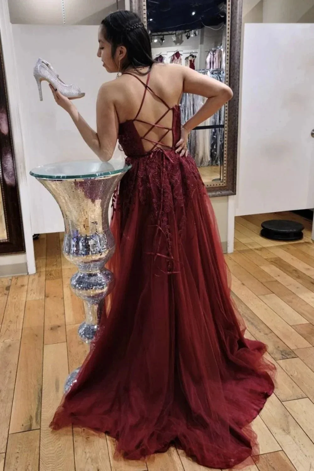 V Neck Backless Burgundy Lace Long Prom, Long Wine Red Lace Formal Evening - Image 2