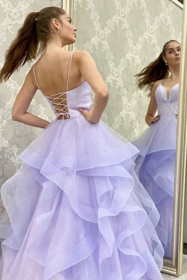 V Neck Backless Fluffy Lilac Long Prom Dress Backless Lilac Formal Evening Dress Y910 - Image 2