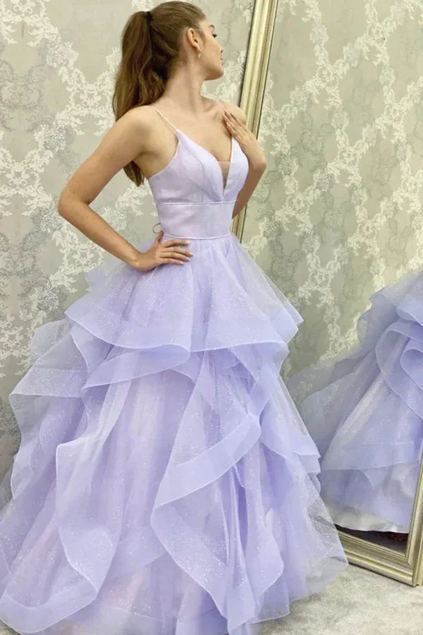 V Neck Backless Fluffy Lilac Long Prom Dress Backless Lilac Formal Evening Dress Y910 - Image 3
