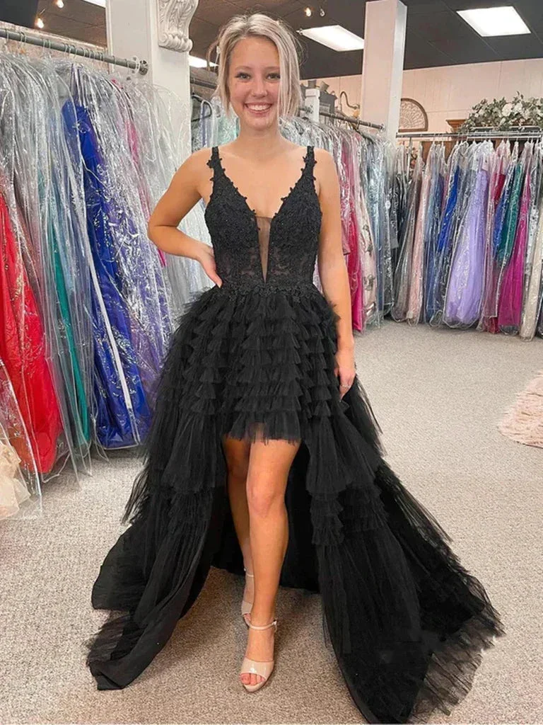 V Neck Backless High Low Beaded Black Lace Long Prom Dresses, Backless Black Formal Dresses, Black Lace Evening Dresses Y1769 - Image 2