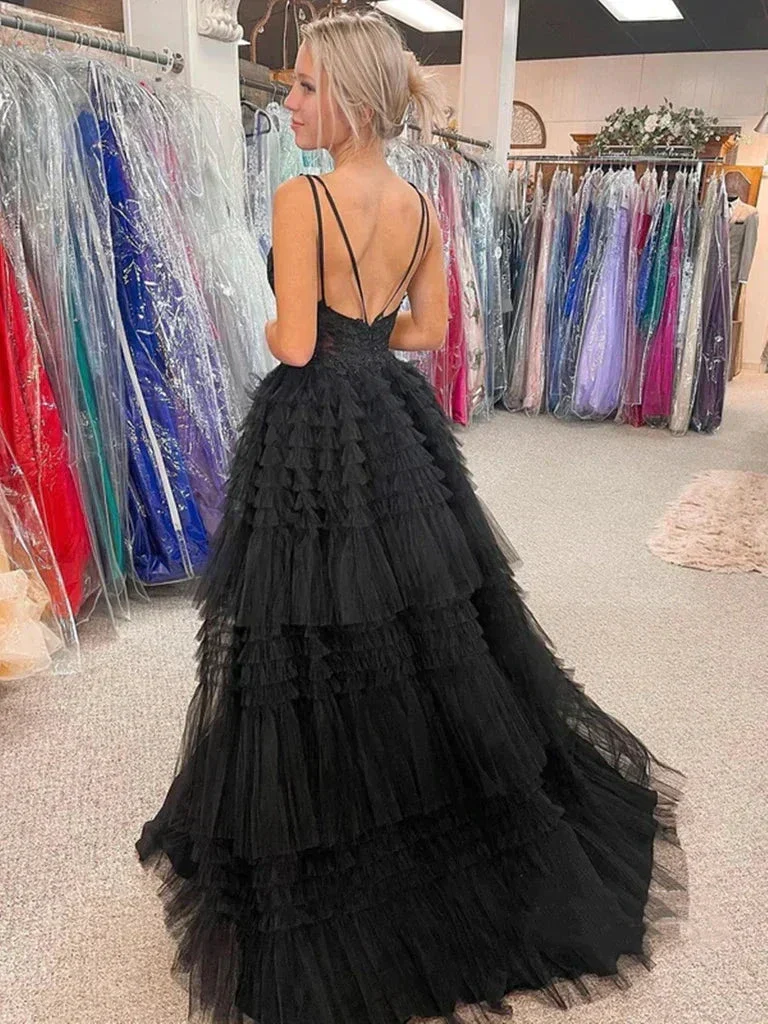 V Neck Backless High Low Beaded Black Lace Long Prom Dresses, Backless Black Formal Dresses, Black Lace Evening Dresses Y1769 - Image 3