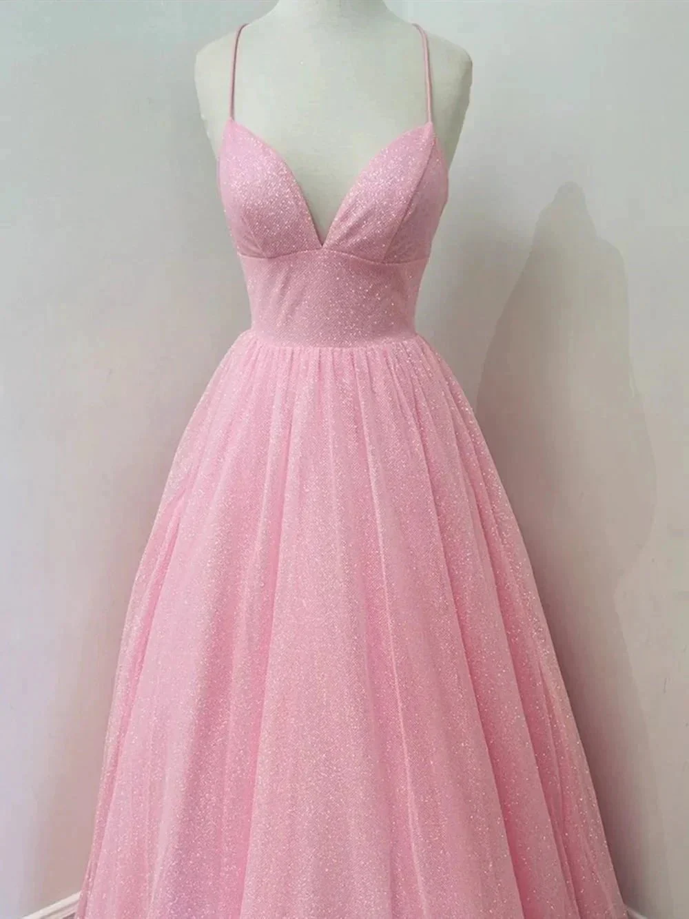V Neck Backless Pink Long Prom Dresses Backless Sparkly Pink Formal Graduation Dresses - Image 3