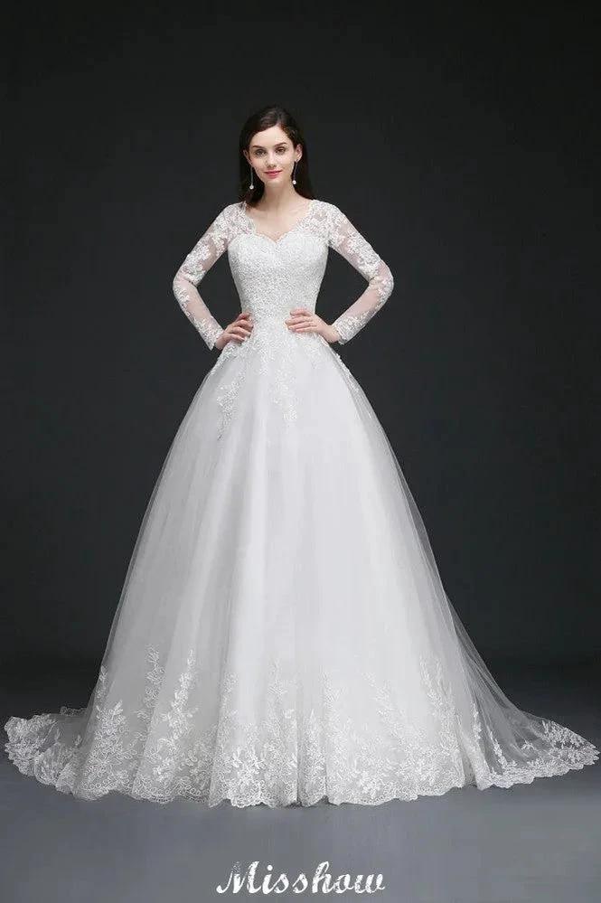V-Neck Ball Gown Lace Tulle Wedding Dresses - Image 3