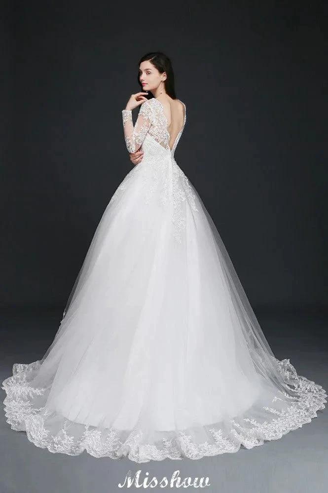 V-Neck Ball Gown Lace Tulle Wedding Dresses - Image 4