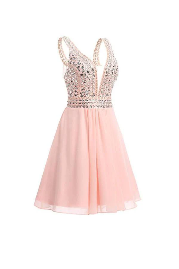 V-neck Beads Chiffon Homecoming Dress Short Prom Dress PG089 - Image 2