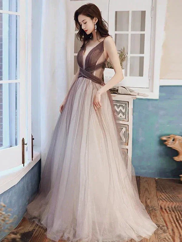 V Neck Brown Ombre Long Prom Dresses, Brown Ombre Floor Length Formal Evening Dresses Y1820 - Image 2
