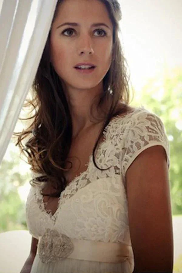 V-neck Cap Sleeves Sweep Train Backless Wedding Dress With Sash  WD011 - Image 2