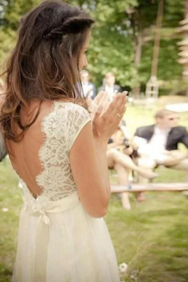 V-neck Cap Sleeves Sweep Train Backless Wedding Dress With Sash  WD011 - Image 3