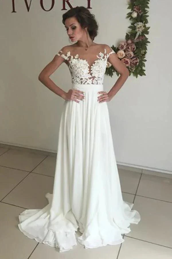 V-neck Cap Sleeves Sweep Train Ivory Wedding Dress with Appliques WD002 - Image 2
