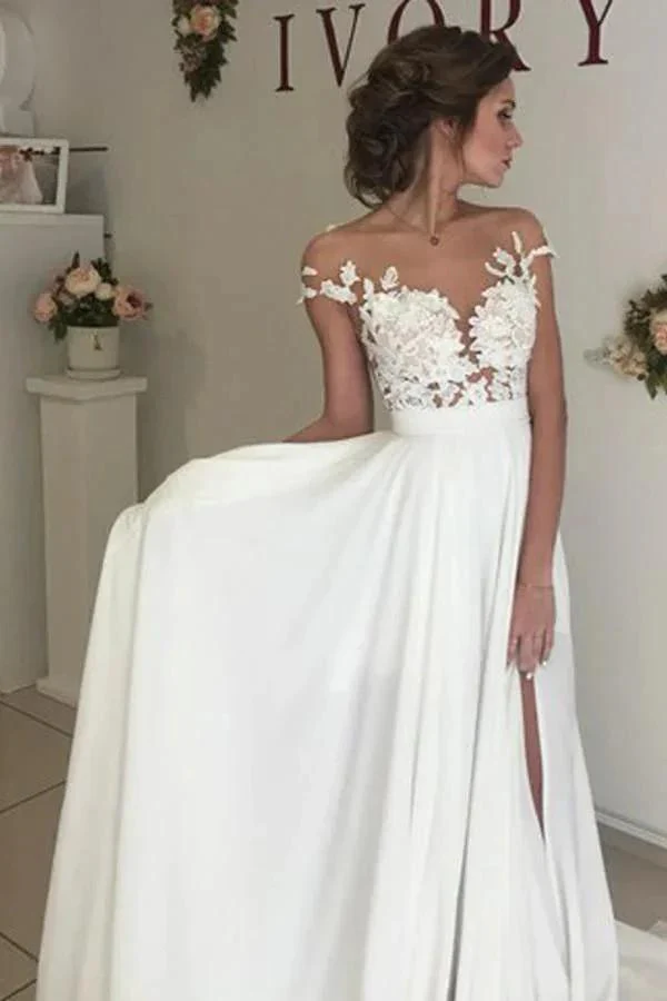 V-neck Cap Sleeves Sweep Train Ivory Wedding Dress with Appliques WD002 - Image 3