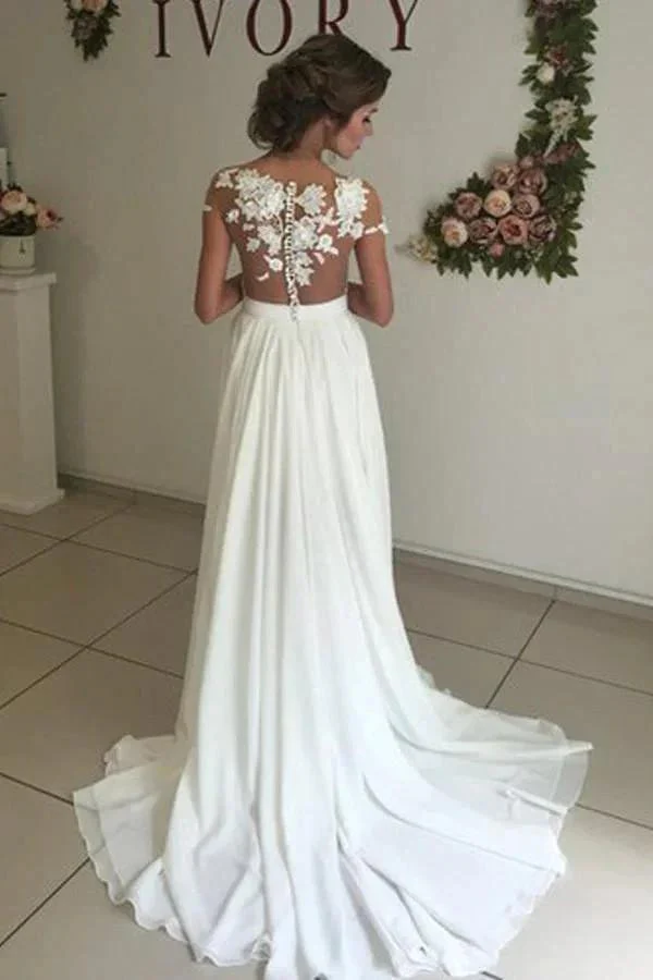 V-neck Cap Sleeves Sweep Train Ivory Wedding Dress with Appliques WD002 - Image 4