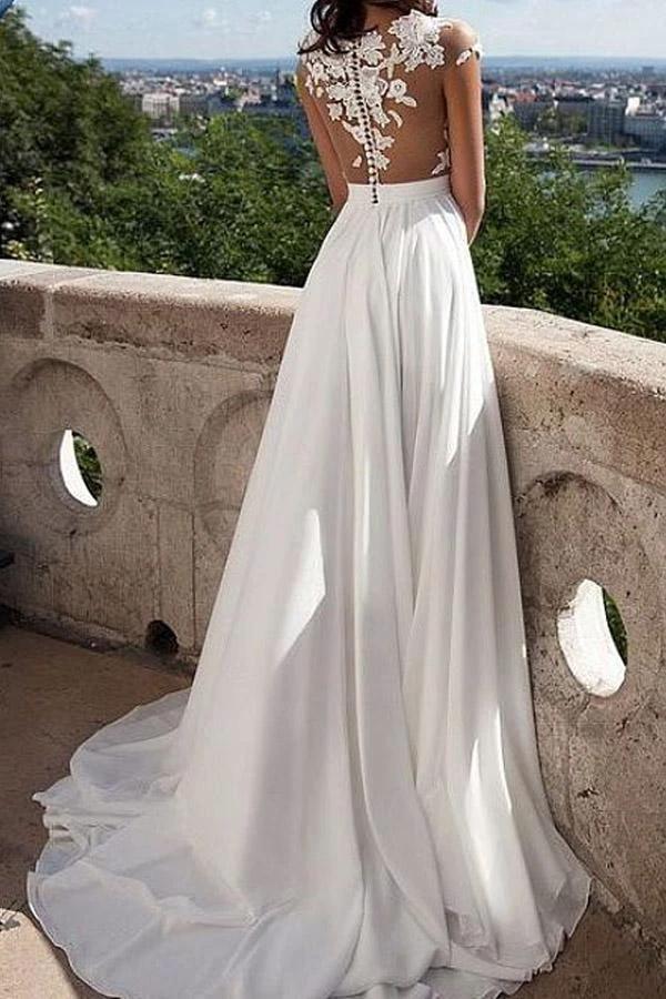 V-neck Cap Sleeves Sweep Train Ivory Wedding Dress with Appliques WD002 - Image 5