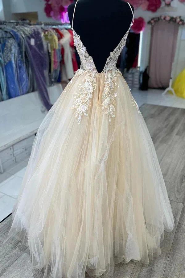 V Neck Champagne Tulle Lace Wedding Dresses Bridal Gown WD706 - Image 2