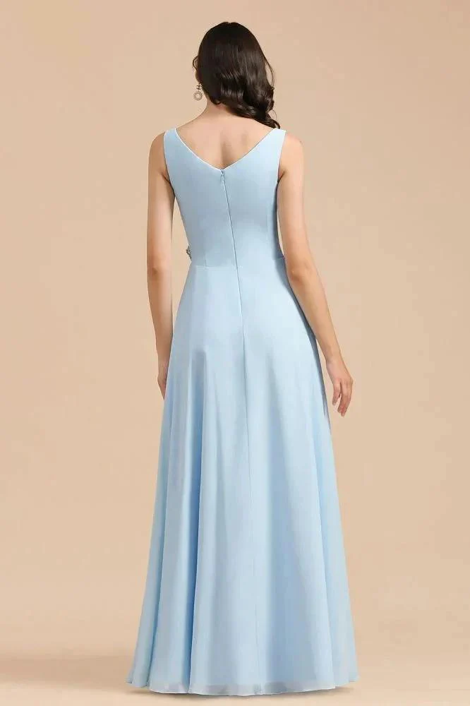 V-Neck Chiffon Aline Bridesmaid Dress Sleeveless Floor Length Simple Wedding Dress - Image 2
