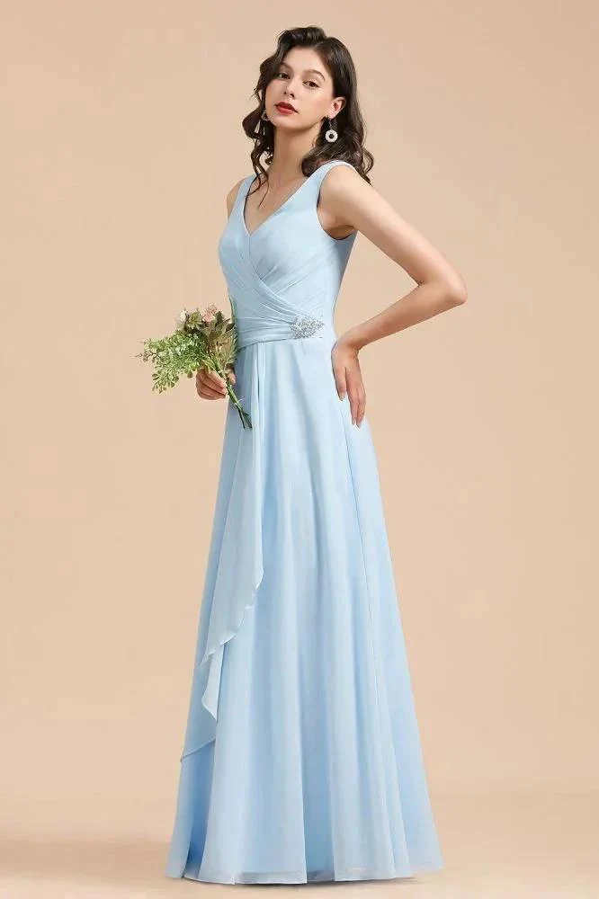 V-Neck Chiffon Aline Bridesmaid Dress Sleeveless Floor Length Simple Wedding Dress - Image 4