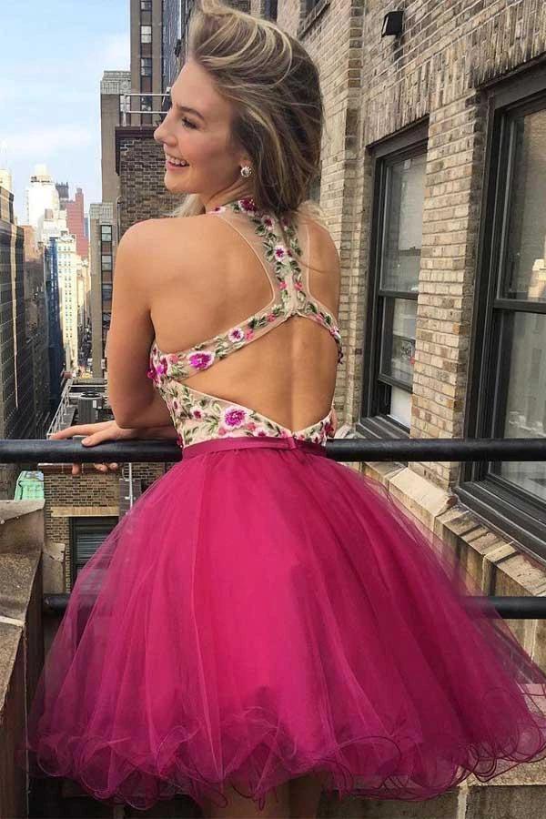 V Neck Embroidery Backless Homecoming Dresses Short Prom Dress PD361 - Image 2