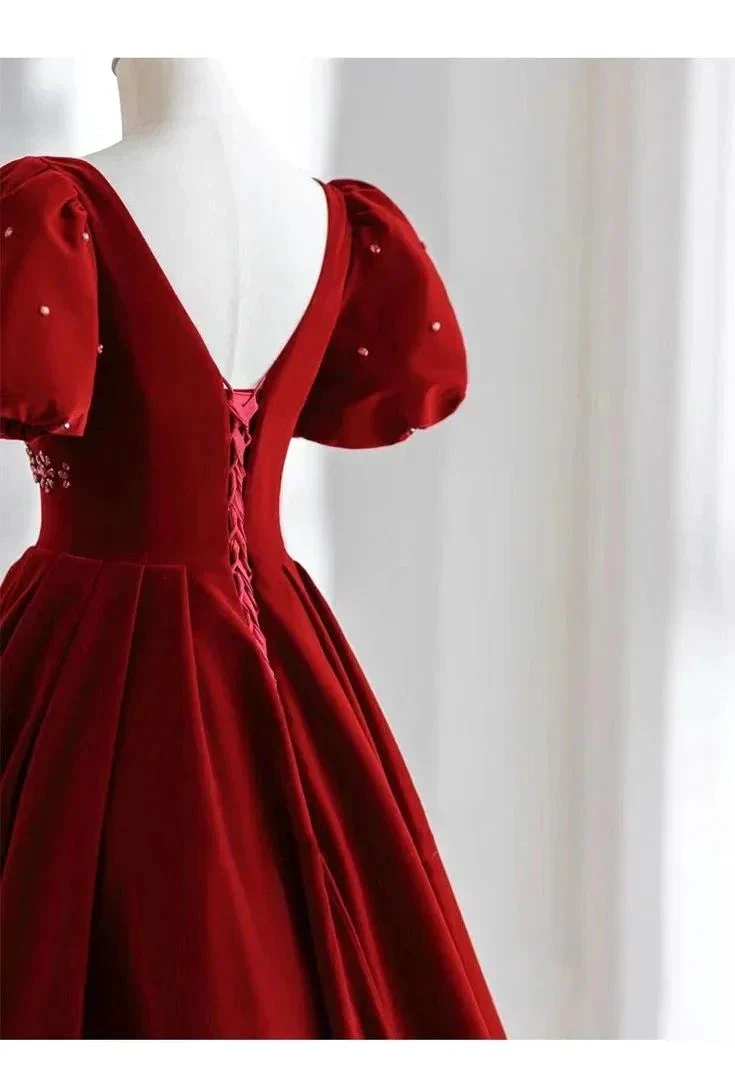 V-neck Evening Dress Charming Prom dress Velvet Party Dress Bubble Sleeve Dress Y4573 - Image 4