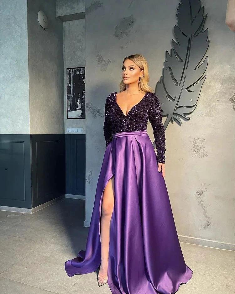 V-neck Evening Gowns For Women A-Line Split Prom Dress - Image 5