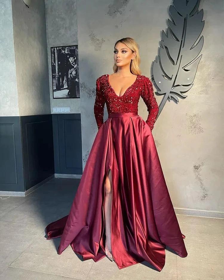 V-neck Evening Gowns For Women A-Line Split Prom Dress - Image 9