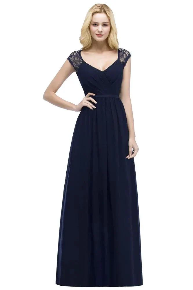 V-neck Floor Length A-line Lace Chiffon Bridesmaid Dresses with Sash - Image 10