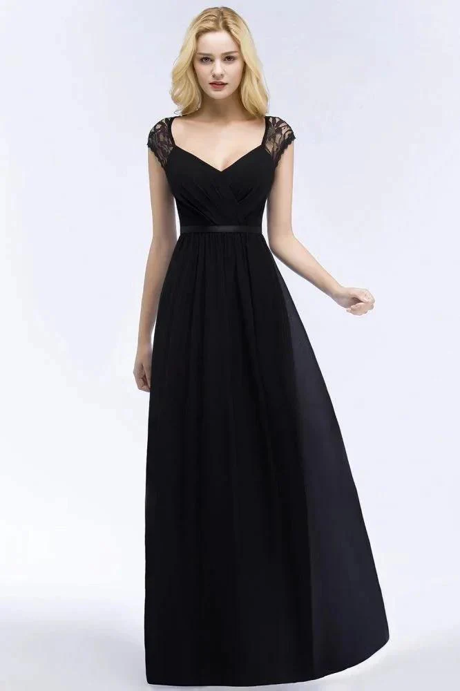 V-neck Floor Length A-line Lace Chiffon Bridesmaid Dresses with Sash - Image 2