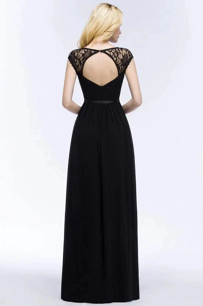 V-neck Floor Length A-line Lace Chiffon Bridesmaid Dresses with Sash - Image 3
