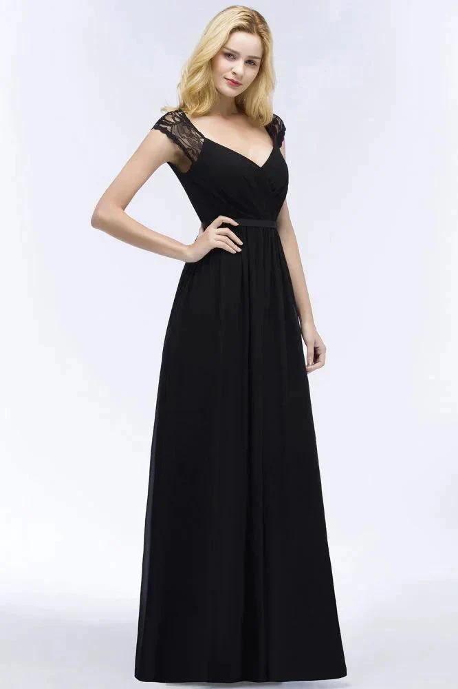 V-neck Floor Length A-line Lace Chiffon Bridesmaid Dresses with Sash - Image 4