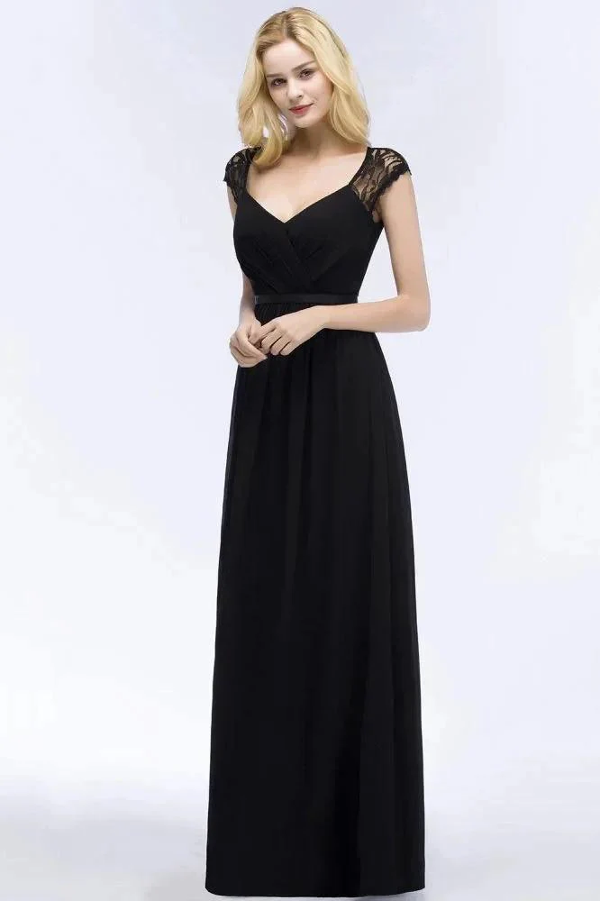 V-neck Floor Length A-line Lace Chiffon Bridesmaid Dresses with Sash - Image 5