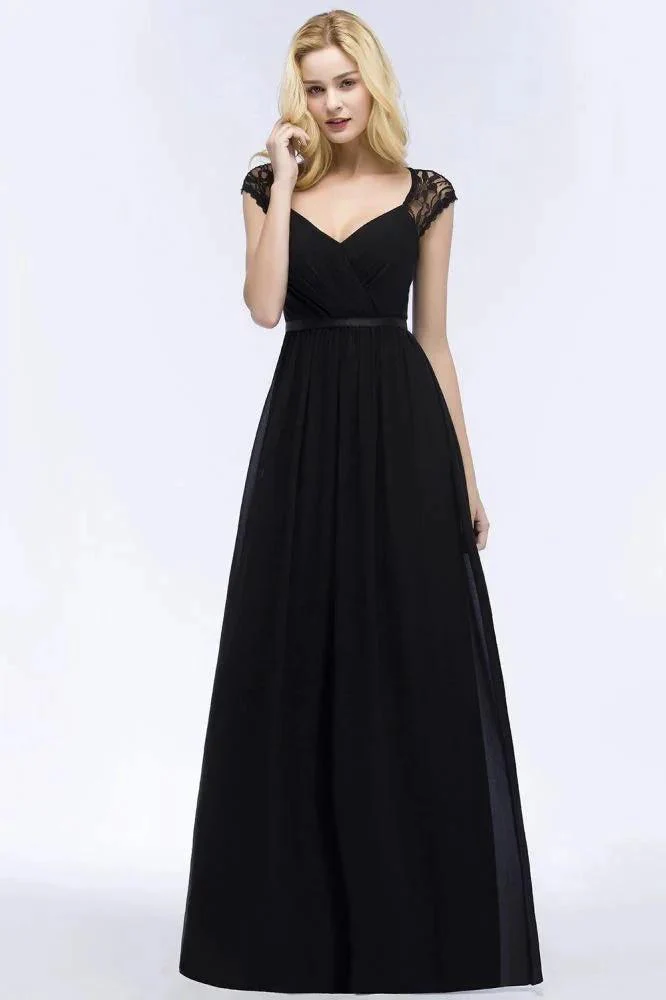 V-neck Floor Length A-line Lace Chiffon Bridesmaid Dresses with Sash - Image 7