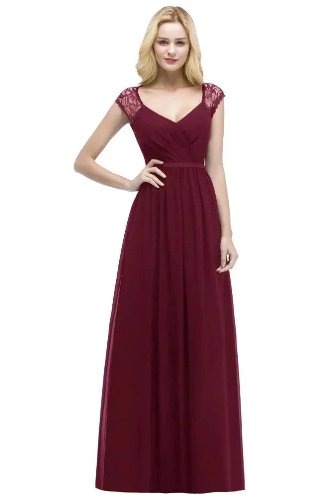 V-neck Floor Length A-line Lace Chiffon Bridesmaid Dresses with Sash - Image 8