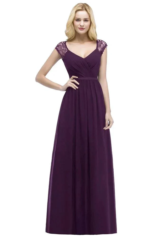 V-neck Floor Length A-line Lace Chiffon Bridesmaid Dresses with Sash - Image 9